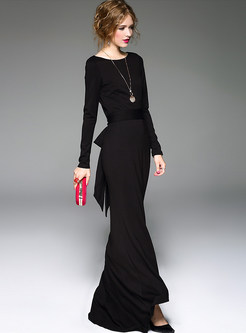 Elegant Tight Waist Solid Color Skinny Long Dress
