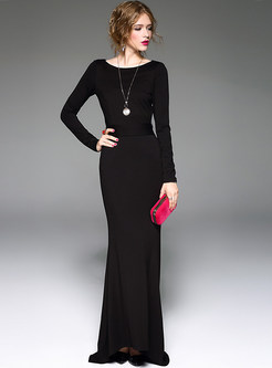 Elegant Tight Waist Solid Color Skinny Long Dress