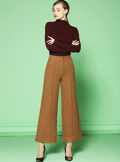 Vintage Woolen High Waist Slim Brown Pants