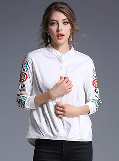 Vintage Embroidery Three Quarters Sleeve Cotton Blouse