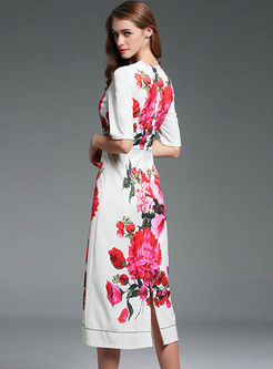 Vintage Flower Print High Wasit Maxi Dress