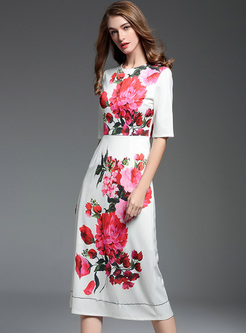 Vintage Flower Print High Wasit Maxi Dress