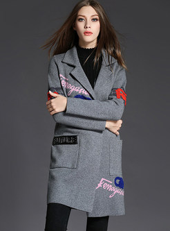 Grey Letter Embroidered Loose Sweater Coat