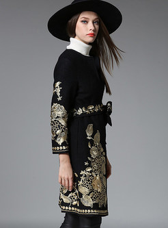 Retro Embroidery Belted Cashmere Coat