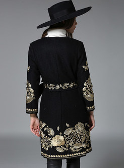 Retro Embroidery Belted Cashmere Coat