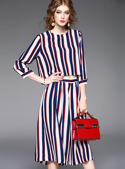 Fashion Stripe Three Quarters Sleeve Two-piece Outfits