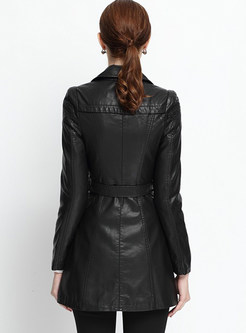 Black Asymmetric Belted PU Coat