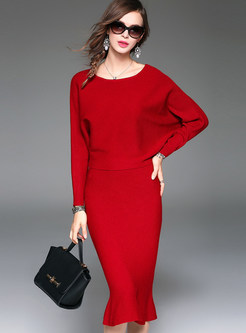Pure Color Bat Sleeve Knitted Dress