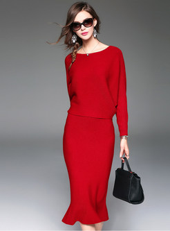 Dresses | Knitted Dresses | Pure Color Bat Sleeve Knitted Dress