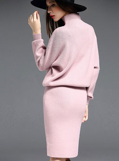 Sweet Pink Bat Sleeve Skinny Knitted Dress
