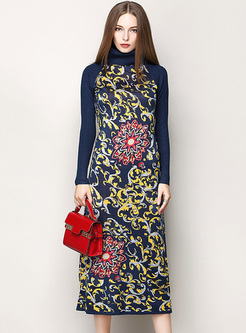 High Collar Floral Brief Wool Knit Dress