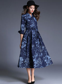 Elegant Chrysanthemum Print Waist Maxi Dress