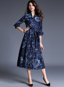 Elegant Chrysanthemum Print Waist Maxi Dress