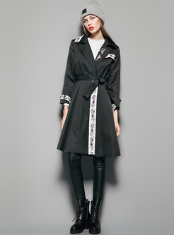 Nipped Waist Belted Embroidery Trench Coat