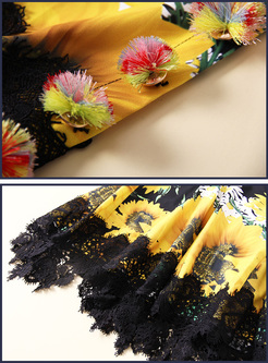 Ethnic Lace Patch Sunflower Print Mermaid Dress