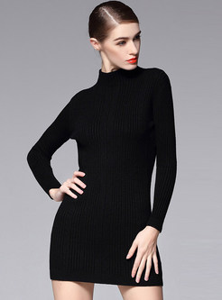 Stand Collar Solid Color Slim Knit Dress