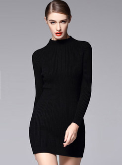 Stand Collar Solid Color Slim Knit Dress