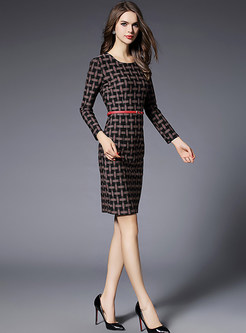 Houndstooth Slim Long Sleeve Bodycon Dress With Belt