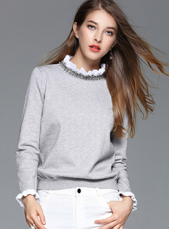 Ruffed Stand Collar Slim Pullover Sweater
