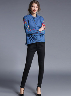 Ethic denim Embroidery Stand Collar Blouse