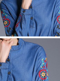 Ethic denim Embroidery Stand Collar Blouse