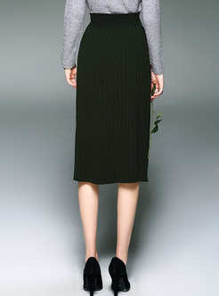 High-Waist Pleated A-Line Wool Knit Skirt