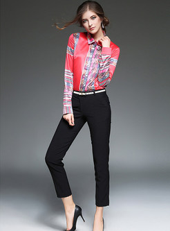 Vintage Hit Color Turn Down Collar Stylish Blouse