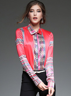 Vintage Hit Color Turn Down Collar Stylish Blouse