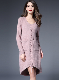 Sweet Lace-up Pocket Patch Asymmetric Knitted Dress