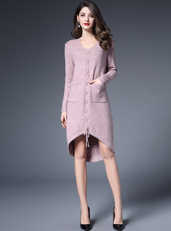 Sweet Lace-up Pocket Patch Asymmetric Knitted Dress