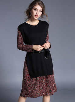 Ethnic Floral Print Asymmetric Patch Knitted Dress