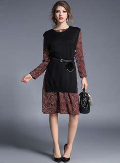 Ethnic Floral Print Asymmetric Patch Knitted Dress
