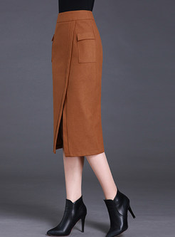 Brief Slit Slim Pure Color Skirt