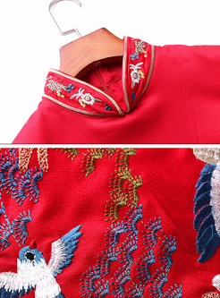 Vintage Stand Collar Split Half Sleeve Embroidery Bodycon Dress