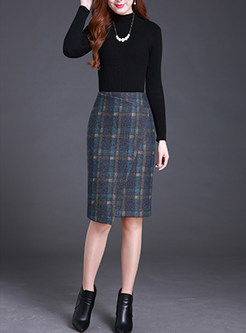 Vintage Grid Slit Bodycon Skirt