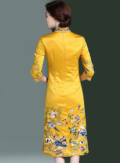 Vintage Stand Collar Split Half Sleeve Embroidery Bodycon Dress