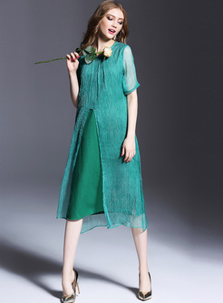 Pure Color Silk Embroidery Loose Dress
