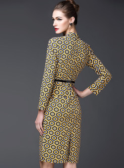 Stand Collar High Waist OL Geometric Print Bodycon Dress