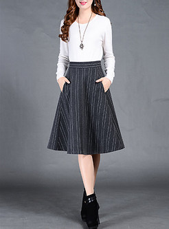 Striped A-Line Pleated Patch Skirt