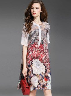 Retro Flower Print Silk Shift Dress 