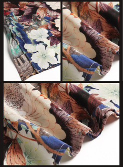 Retro Flower Print Silk Shift Dress 