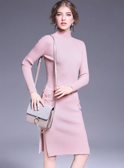 Elegant High Neck Solid Color Pocket Knitted Dress