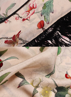 Ethnic Floral Print Tassel Patch Irregular Hem Shift Dress