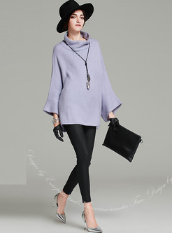 Elegant Purple High Neck Loose Sweater