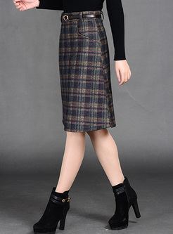 Retro Grid Pattern Thick Woolen Skirt