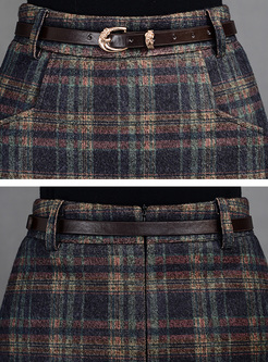 Retro Grid Pattern Thick Woolen Skirt