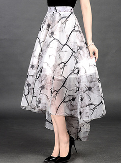 Elegant Asymmetric Hem Print Organza Skirt
