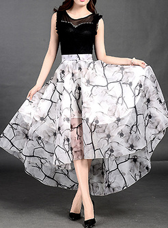 Elegant Asymmetric Hem Print Organza Skirt