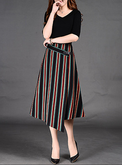 Vintage Vertical Stripe Asymmetric Patch Skirt