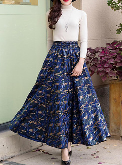 Long Floral Print Elastic Waist A-line Skirt
